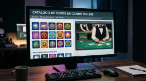 Ecrã com grelha genérica de jogos de casino ao lado de uma mesa de cartas transmitida em vídeo