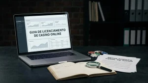 Mesa de trabalho com portátil, documento regulatório genérico e lupa ao lado de um caderno