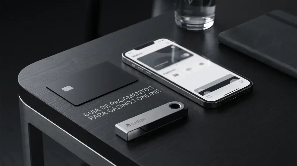 Cartão bancário, telemóvel com carteira digital e hardware wallet sobre uma mesa de trabalho