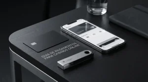Cartão bancário, telemóvel com carteira digital e hardware wallet sobre uma mesa de trabalho